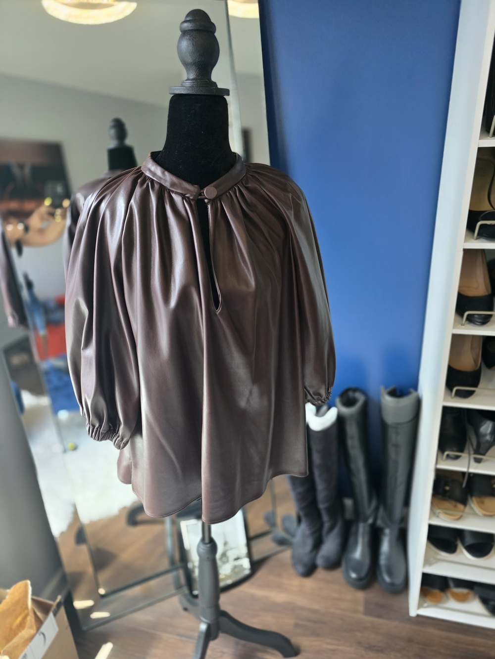 Zara Burgundy Faux-Leather Balloon Sleeve Blouse